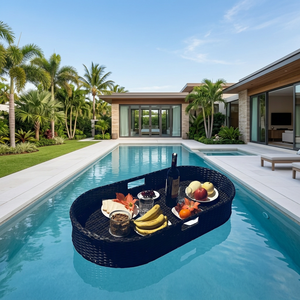 Plateau de service flottant ovale moderne en rotin noir rayé, idéal pour les fêtes au bord de la piscine et les loisirs – Meilleure vente à prix de gros - Product Image 1