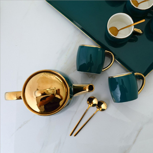 Nuovo arrivo set da tè in ceramica oro verde 8 pezzi con vassoio sei tazze in <span class=keywords><strong>porcellana</strong></span> piattino teiera per regali per caffè - Product Image 4