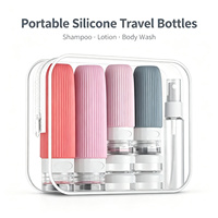 Ensemble de flacons de voyage en silicone personnalisés, rechargeables, étanches, portables, pour shampoing, lotion, spray, avec pochette transparente