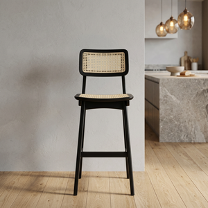Chaise haute de bar antique en rotin tressé avec base chromée et structure en bois massif, moderne, durable et légère, pour la maison, le bar, la salle à manger et les restaurants - Product Image 3