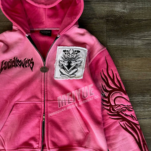 Sudadera con capucha personalizada Drop Shoulder Acid Wash Vintage parche bordado desgastado Sudadera con capucha de alta calidad French Terry Zip up Hoodie - Product Image 2