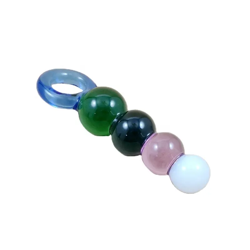 Retail In Stock 5 Colors Beads Style Mouth Blown Glass Butt Plug/Glass Anal Sex Plug/Glass Dildo Penis with Blue Handle