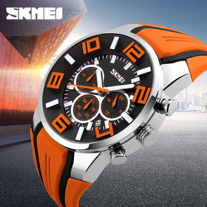 Skmei Men's Quartz Watch With Chronograph <b>Date</b> Orange Silicone Strap Waterproof 30M Large Dial Analog Sport Watch - Product Image 1
