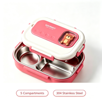 Boîte à lunch bento pour enfants en acier inoxydable 304 à 5 compartiments, boîte à lunch anti-fuite avec cuillère et fourchette, qualité alimentaire pour les enfants à l'école