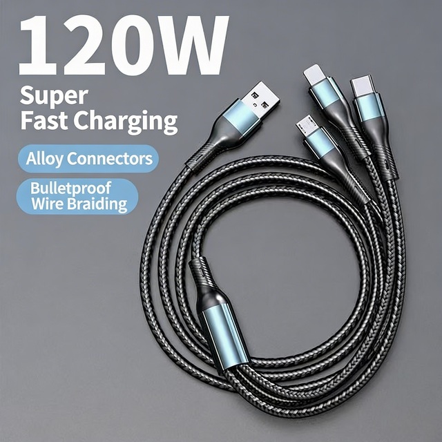 3-in-1 120W Fast Charging Cable with Micro USB & Type-C Interfaces 1.2m Length