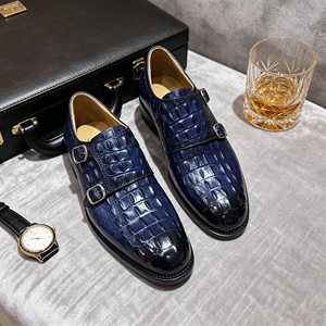 Chaussures habillées pour hommes à double boucle, en cuir véritable motif crocodile, <span class=keywords><strong>bleu</strong></span> <span class=keywords><strong>marine</strong></span>, pour <span class=keywords><strong>mariage</strong></span> et bureau - Product Image 2