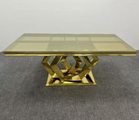 Nouvelle arrivée, table de banquet de luxe, structure en acier inoxydable doré et plateau en verre trempé, table moderne pour mariage et hôtel, vente en gros