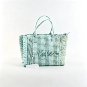 Bolso tote de ganchillo a rayas color menta personalizado, Bolso shopper tejido, Bolso de playa tejido en color azul menta - Product Image 1