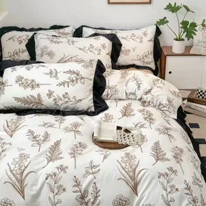 2024 New Design Hepburn Collection Black White Lace Plant Flower Printing Sanding 4 Pcs King size luxury bedsheets bedding sets