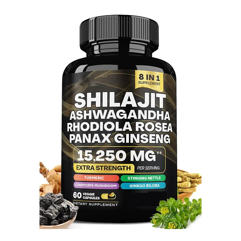 OEM Shilajit Pure Himalayan 9000MGエネルギーブースターAshwagandha 2000MG Rhodiola Rosea 1000MG Panax Ginseng 1500MG、