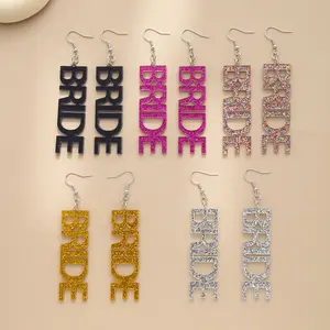 Party Exaggerated Long BRIDE Letter Pendant Earrings Dazzle Colorful Sparkle Glitter Acrylic Drop Dangle Earrings