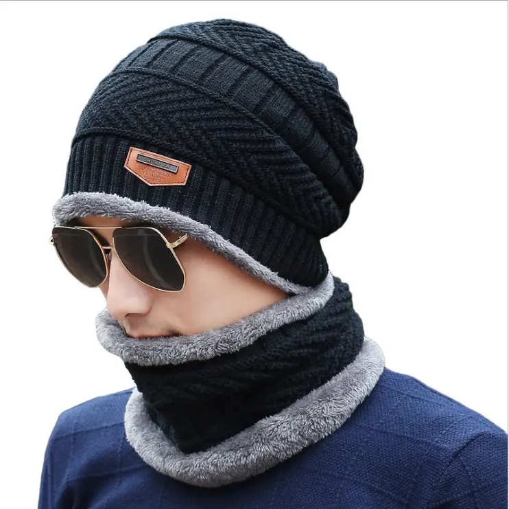 Hot Sale Soft Thicken Wool Ski Hat Women Men Neck Warm Hats Winter Beanie Knitted Cap Scarf Set