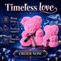 Hfloral Ours en roses artificielles en mousse naturelle 25 cm, réaliste, avec éclairage LED, romantique, pour la remise des diplômes