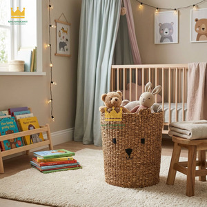 Cestas de Almacenamiento de Mimbre con Bordado de Cara de Oso para Organizar Juguetes Infantiles, Tamaño Mediano, Diseño con Asa - Product Image 4
