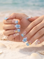 Faux ongles à presser faits main, motif bec de canard, fleurs d'hibiscus 3D, ombré bleu gelée et breloques étoiles de mer argentées, ongles de vacances Y2K, vente en gros