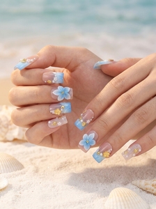 Faux ongles à presser faits main, motif bec de canard, fleurs d'hibiscus 3D, ombré bleu gelée et breloques étoiles de mer argentées, ongles de vacances Y2K, vente en gros - Product Image 2