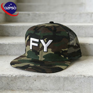 QZFSO Custom <b>Flat</b> Brim Camo Trucker Mesh <b>Cap</b> 3d Embroidery Logo 6 Panel Baseball Gorras Camouflage Snapback Hats - Product Image 1