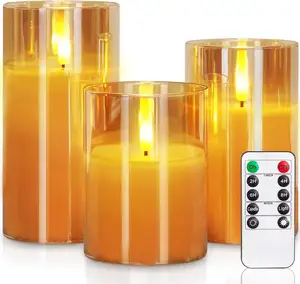 배터리 전원 유리 불꽃 깜박임 원격 왁스 기둥 led 촛불 가벼운 전자 촛불 움직이는 불꽃