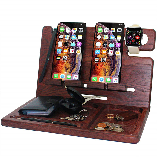 Hot Sale Desktop Wireless Multi Charging Natural Walnut Wireless Wood Docking Station Nightstand Organizer