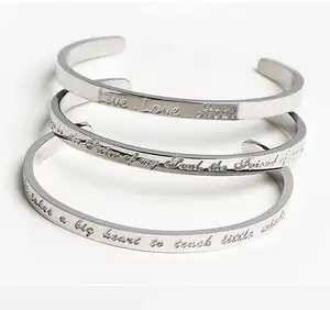 Trendy Top Stainless Steel Slim Width Customize OEM Welcomed Style Engraving Eroding Letters Open Cuff Bangles Bracelets Collect