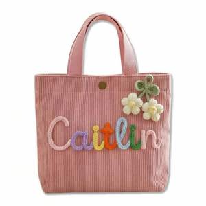 <b>Personalised</b> Corduroy Tote With Custom Name, Cotton Rope Woven Handbag for Women, Reusable Travel Shoulder <b>Bag</b> - Product Image 1