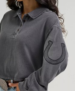 <span class=keywords><strong>Felpa</strong></span> da donna personalizzata <span class=keywords><strong>con</strong></span> ricamo <span class=keywords><strong>a</strong></span> ferro di cavallo in stile western, lavata, <span class=keywords><strong>con</strong></span> colletto <span class=keywords><strong>polo</strong></span>, bottoni, taglio corto, spalle scese e maniche <span class=keywords><strong>a</strong></span> sbuffo - Produttore - Product Image 4