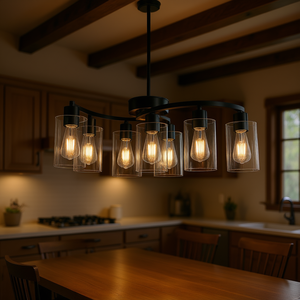 Modern Farmhouse Pendant <b>Light</b> 9-<b>Light</b> Black Iron Clear Glass Shade Adjustable Hanging Fixture for Dining Room <b>Kitchen</b> - Product Image 2