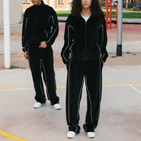 Ensemble de survêtement en velours personnalisé 2 pièces, veste zippée, pantalon large, passepoil blanc, tenue de streetwear assortie, unisexe