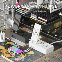 Stop Kontak Ekstensi Universal dengan 2 Port USB-C & 2 Port USB-A, Tempat Ponsel, 2 Stop Kontak untuk Penggunaan di Kantor & Rumah