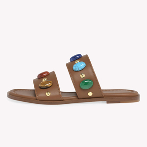 Sandali piatti marroni bohémien da donna, ciabatte <span class=keywords><strong>con</strong></span> <span class=keywords><strong>borchie</strong></span> di pietre preziose colorate, calzature in pelle alla moda per le vacanze - Product Image 1
