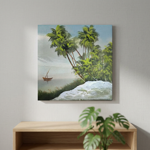 Peinture à l'huile sur toile tendue, paysage tropical réaliste moderne, peinte à la main, scène estivale avec palmiers et bateau, pour intérieur - Product Image 2