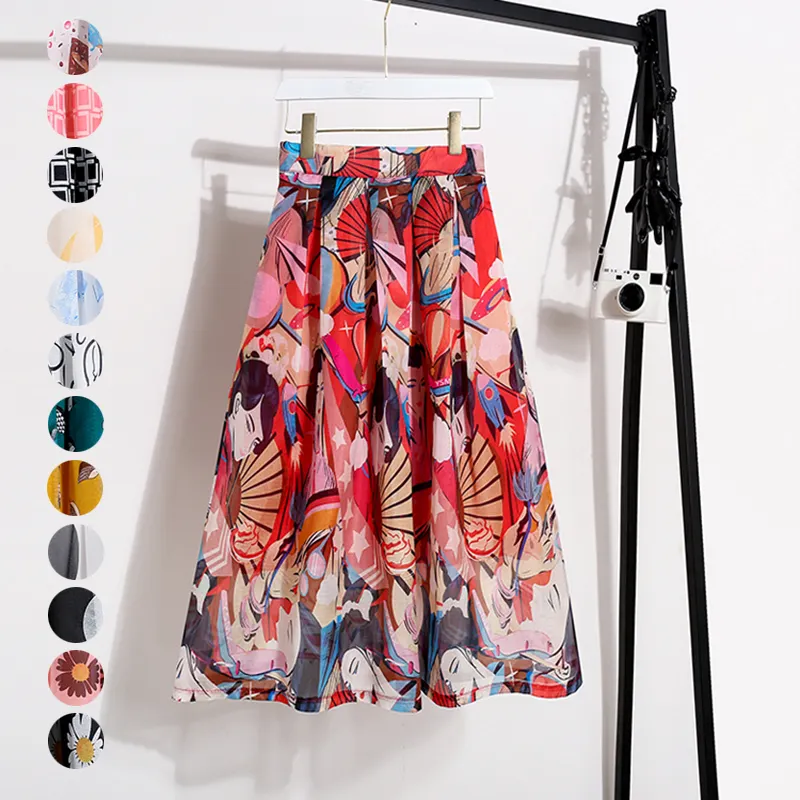 2022 Mesh Tutu A-line Skirt Women Polka Dot Flora Printed Lining Summer Beach Boho High Waist Knee-length Pleated Skirts Clothes