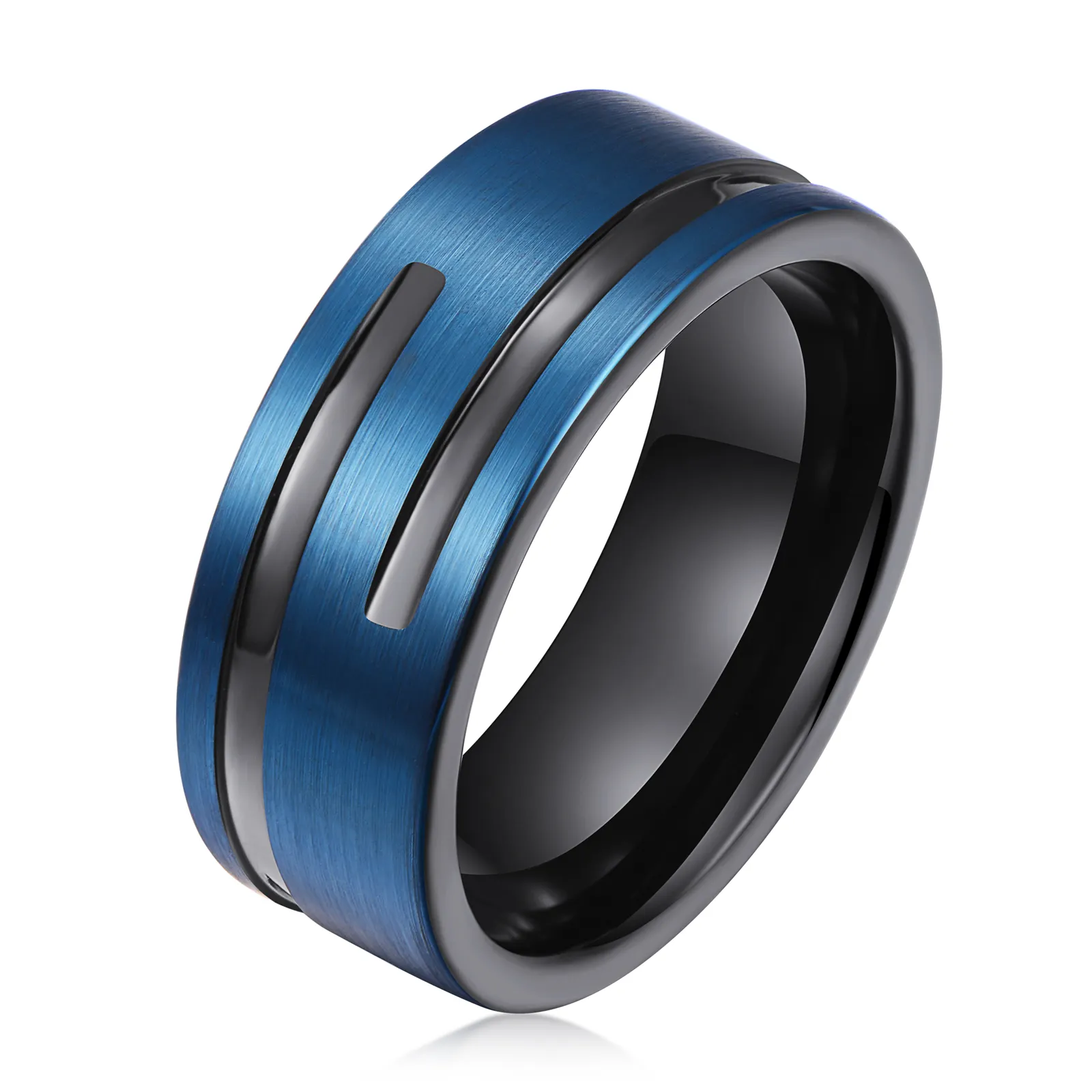 Cincin Tungsten Carbide untuk pria, potongan pipa alur ganda, cincin datar warna biru