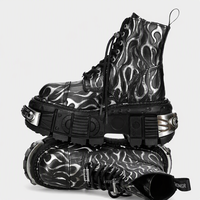 Bottines à plateforme imprimées flamme unisexe 8 cm, style punk industriel, bottes de combat avec décorations métalliques, à lacets, EU35-45
