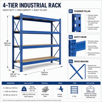 Système d'étagères de stockage industriel robuste, unité de démarrage et unité d'extension modulaires, bleu, pour entrepôt, 4 niveaux, réglables