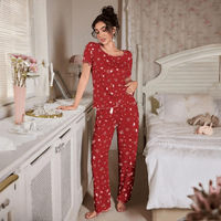Pyjama ample pour femme, style européen et américain, à fleurs, manches courtes, respirant, extensible, côtelé, vêtements de détente
