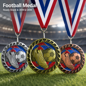 Football Medal Custom Sports Medals Zinc Alloy Award Medals Wholesale Soccer Medals With <b>Ribbon</b> for Event Supplier - Product Image 1