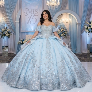 Mct023 Light Blue Quinceanera <b>Dress</b> Rhinestone Corset Silver Sequin <b>Ruffle</b> Princess Ball Gown Sweet 15 Party <b>Dress</b> Jancember - Product Image 1