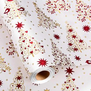 Christmas <b>Wrapping</b> <b>Paper</b> Roll 17in x 32.8ft Red Gold Foil Trees Stars Birds Gift Wrap for Holiday Celebration - Product Image 1
