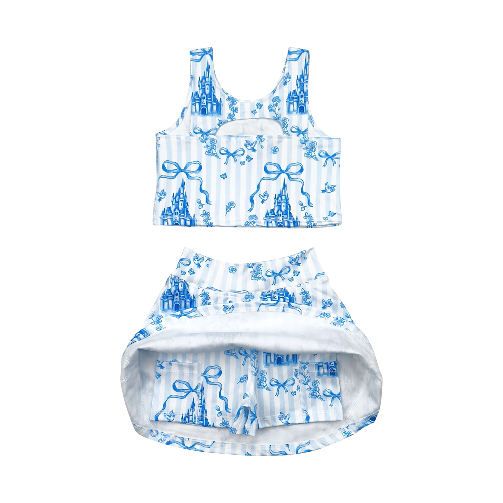 GSD2198 New RTS Castle Bows Blue Vest and Skirts Shorts Little Girls Yoga Set Toddler Girl Clothes Boutique Summer Wear for Kids