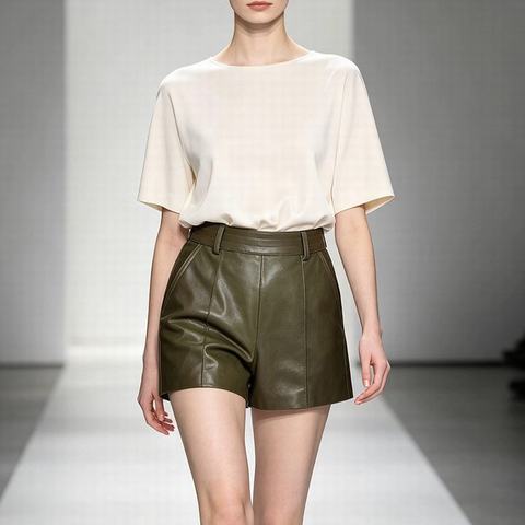 HN5605 Women's Composite Craft Raw Edge Micro Stretch Biker Leather Hot Pants Mid-Low Waist Waxed Sheepskin Shorts