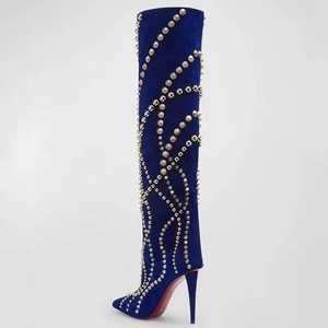 Bottines longues en daim bleu royal pour femmes, à rivets, talon fin, bout pointu, chaussures habillées, bottines à talon aiguille pour femmes - Product Image 4