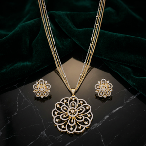 Brass AD Pendant Necklace Set Dual Tone Gold Rhodium Plated Floral CZ Long 24 Inch <b>Chain</b> <b>Stud</b> <b>Earrings</b> Indian Jewelry - Product Image 2