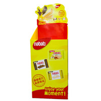 Display Lantai Kardus OEM dengan Tanda Atas Kustom, Stand Display Kertas Lipat Ramah Lingkungan untuk Merchandising Ritel Biskuit dan Snack
