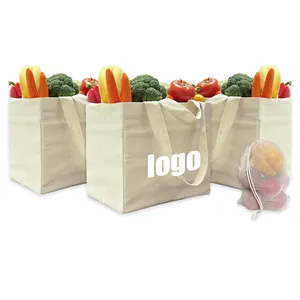 Hot Dual Handle 6 Inner Pocket Heavy Duty Folding Wash Tote Shopping Grocery Causal Cotton Tote Bags