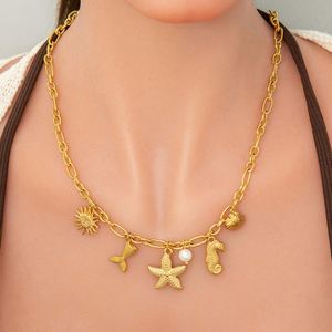 Collar con Colgante de Estrella de Mar en Acero Inoxidable Chapado en Oro de 18K para Mujer, Diseño Retro de Concha y Caracol, Cadena de Eslabones para Fiestas y Eventos - Product Image 6