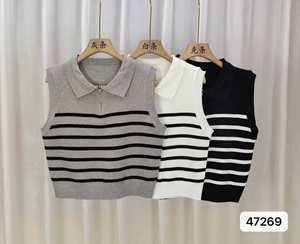 Pull sans manches pour femme et débardeur décontracté minimaliste, gilet tricoté rayé rétro zippé à col pour femme - Product Image 6