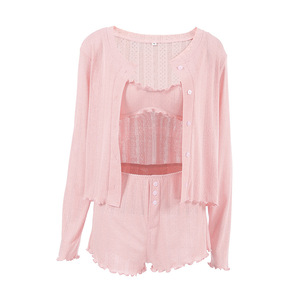 Pijamas Femininos de Verão, Cardigã de Malha de Manga Longa, Shorts, Conjunto de Três Peças, Roupas de Dormir por Atacado, OEM, Lingerie com Logo Personalizado - Product Image 5