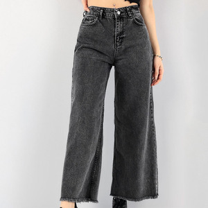 Op maat gemaakte dames jeansbroek met hoge taille, rauwe zoom, rechte pijpen, zwarte wijde jeans voor vrouwen - Product Image 1