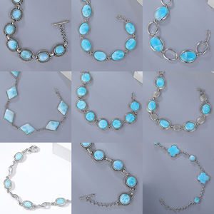 Pulseras Larimar de Plata de Ley 925, puños de Metal martillado con gemas cortadas en Drusy, cadena fina y artesanía texturizada de eslabones - Product Image 4